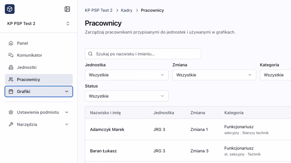 eSECS — lista pracowników z filtrami i danymi służbowymi